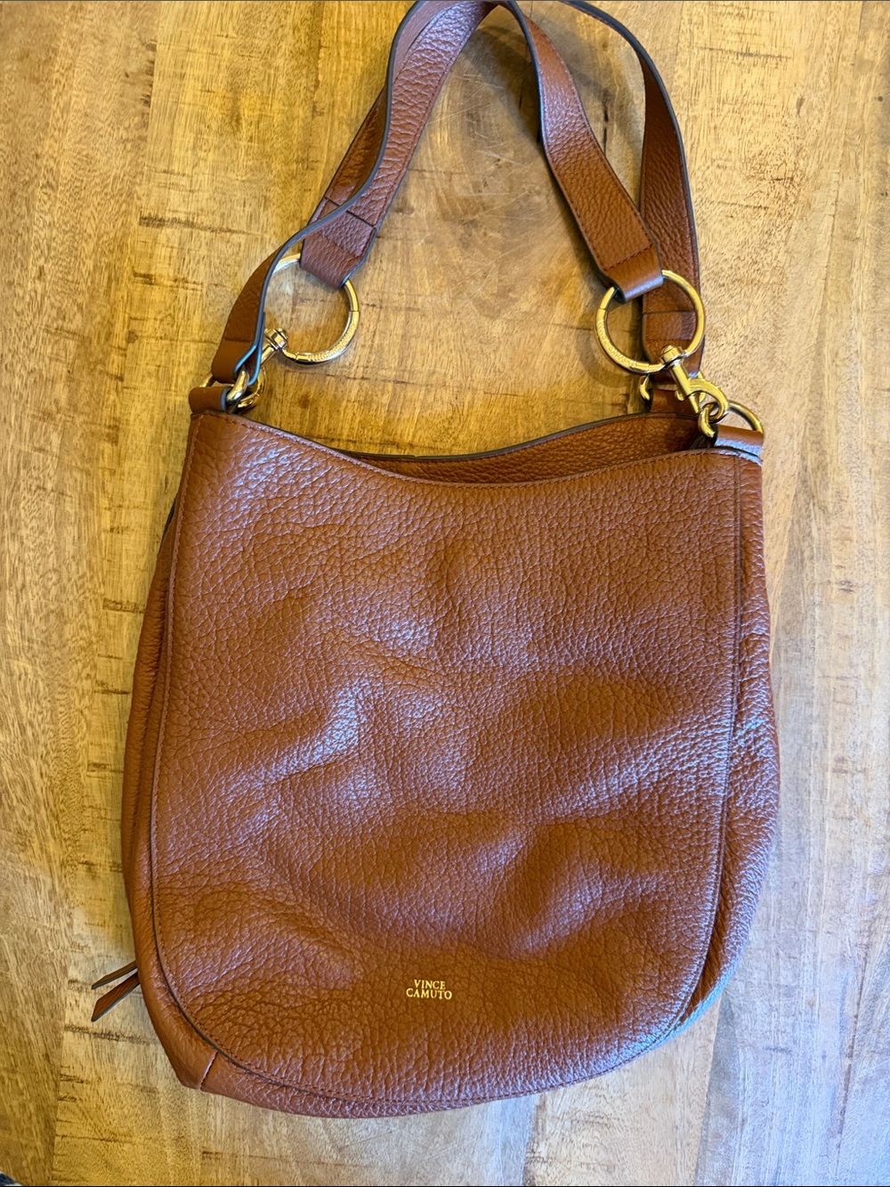 Vince Camuto Cognac Pebbled Leather Shoulder Bag with Gold Rings